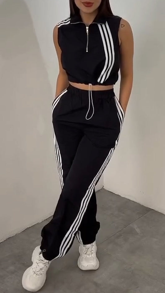 Women Collar Vertical Zipper Top+ Pants Casual Set - MYSTERYBOXS