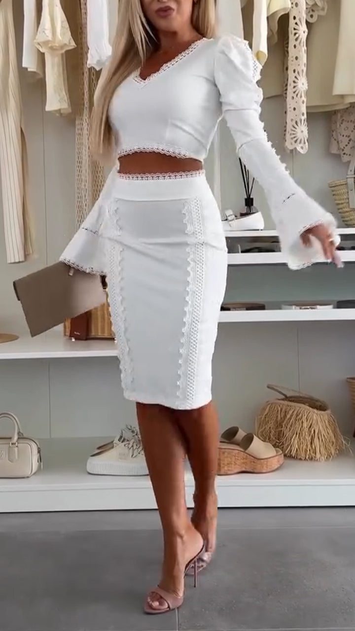 Ladies Round Neck Patchwork Top+ Skirt Elegant Temperament Set - MYSTERYBOXS