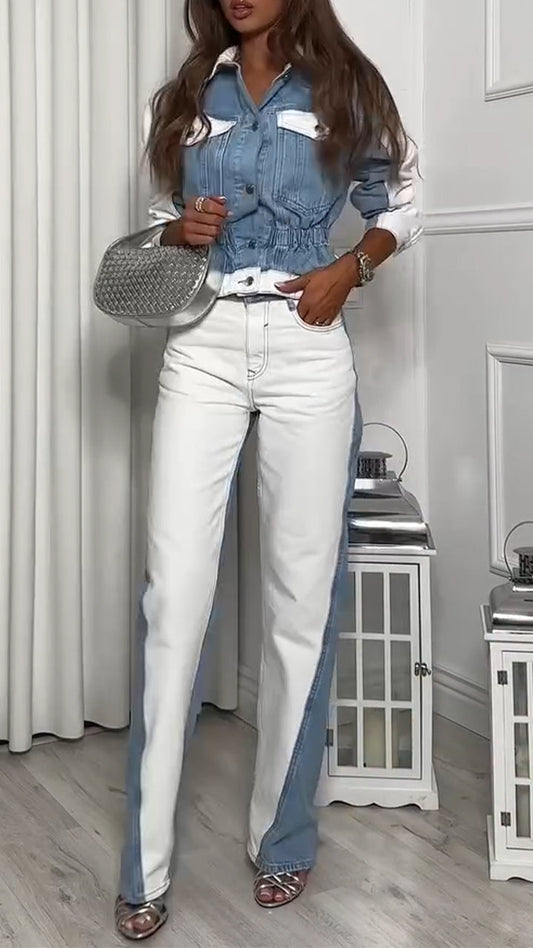 Ladies Collar and Buckle Splicing Top+ Pants with A Casual Temperament Suit - MYSTERYBOXS