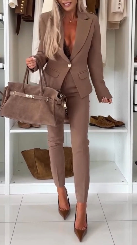 Women Collar Jacket+ Pants Solid Color Temperament Casual Suit - MYSTERYBOXS