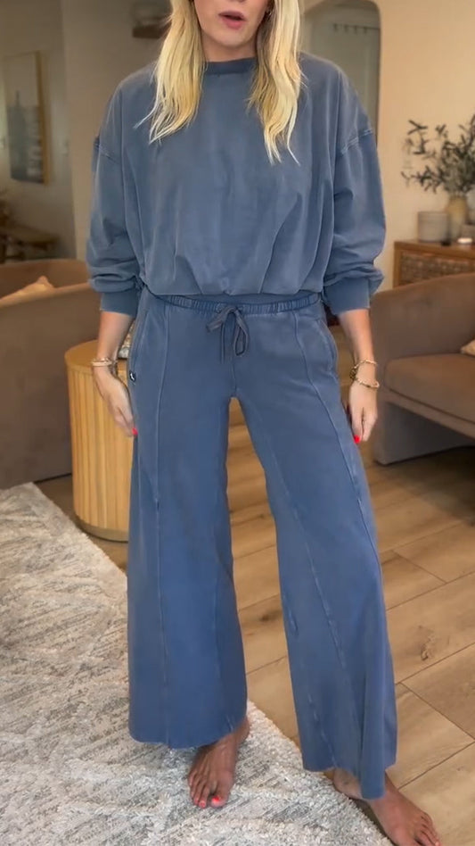 Ladies Round Neck Solid Color Splicing Casual Set - MYSTERYBOXS