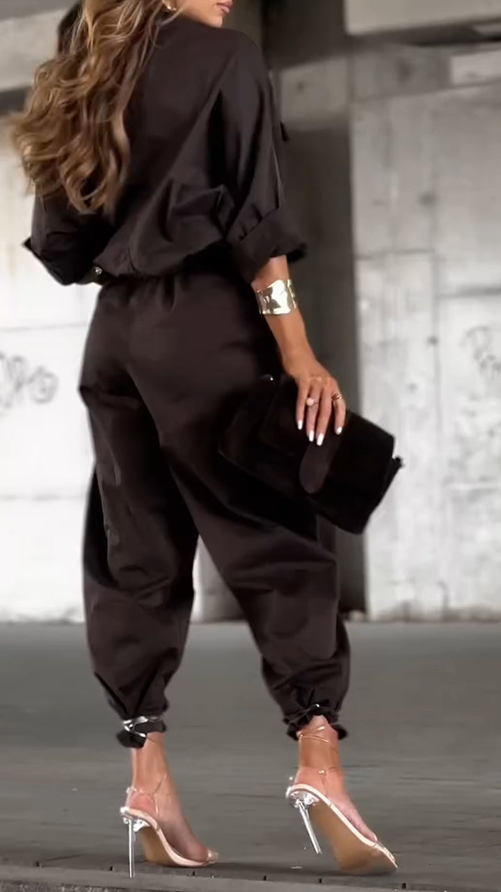 Women Lapel Shirt + Pants Solid Color Casual Suit - MYSTERYBOXS
