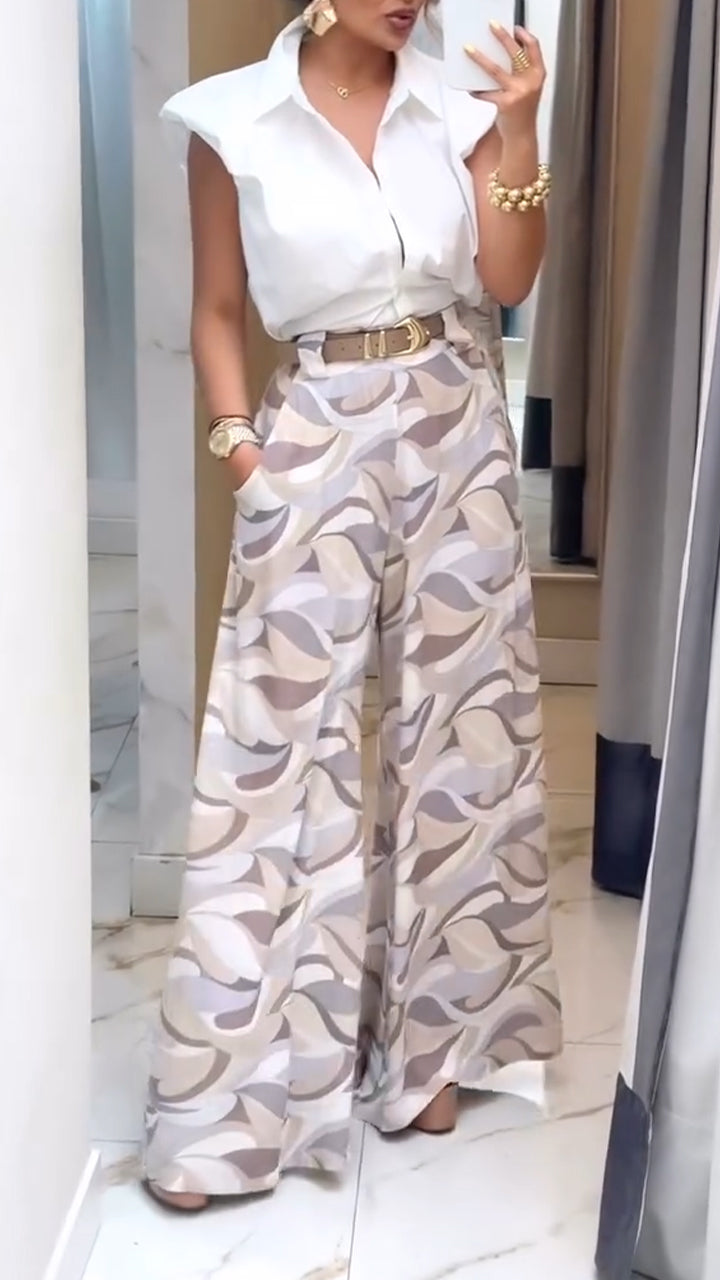 Completo casual da donna con camicia con risvolto e pantaloni stampati
