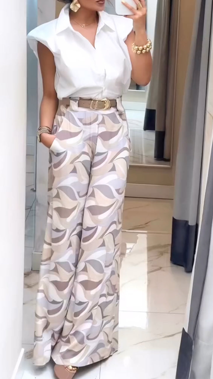 Completo casual da donna con camicia con risvolto e pantaloni stampati