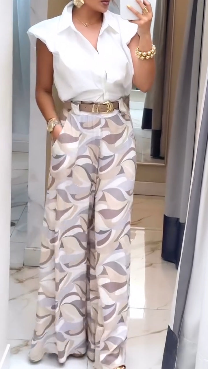 Completo casual da donna con camicia con risvolto e pantaloni stampati