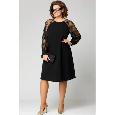 Lace Patchwork Dress with Long Sleeves and Round Neck - MYSTERYBOXS
