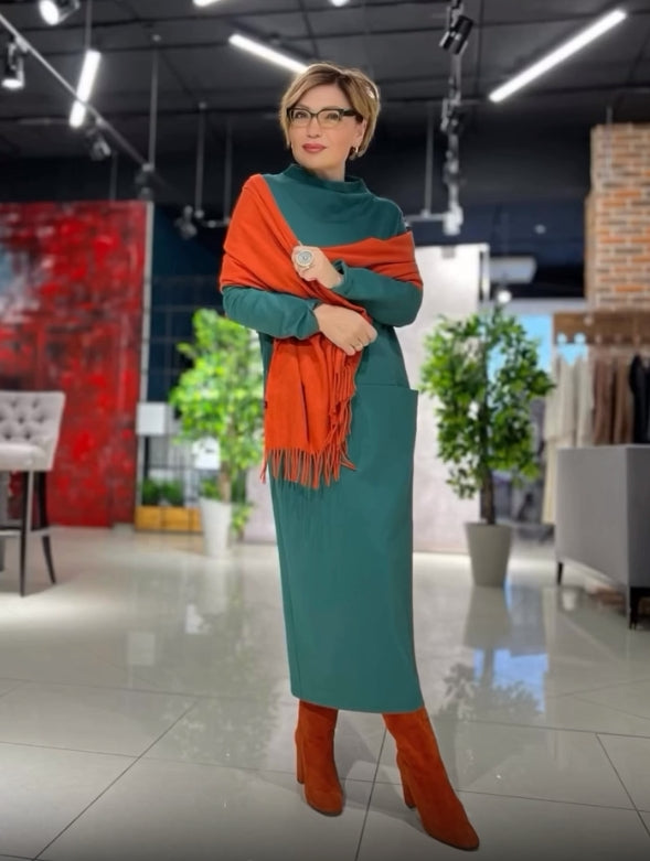Loose thickened turtleneck dress with pockets - MYSTERYBOXS