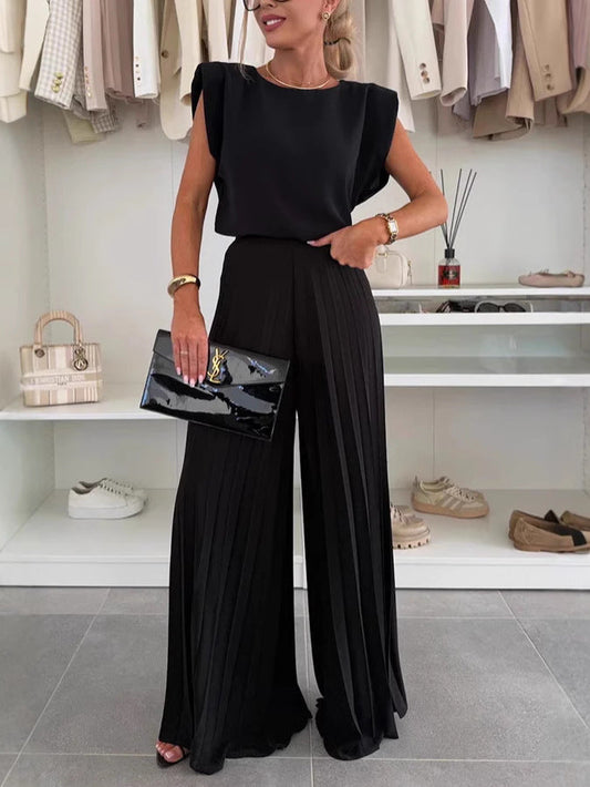 🇬🇧 Two-piece set with sleeveless top and round neckline and pleated wide-leg trousers😍 - MYSTERYBOXS