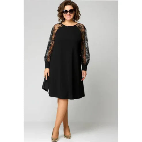 Lace Patchwork Dress with Long Sleeves and Round Neck