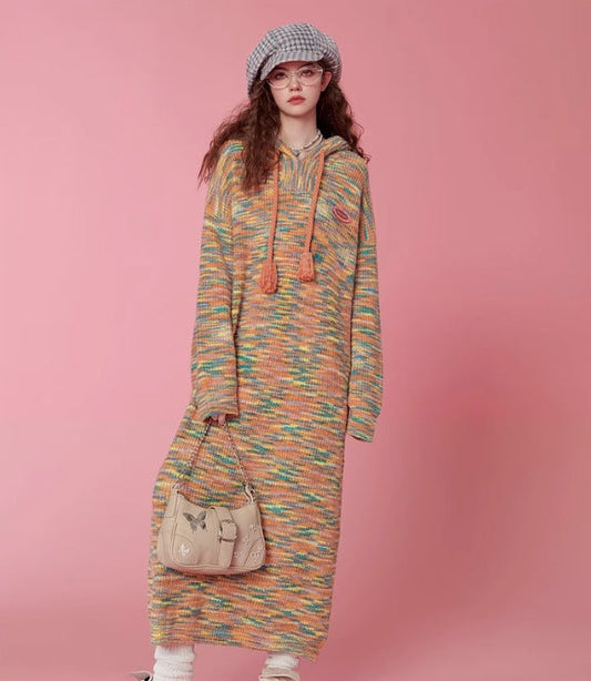 Autumn and winter colorful hooded sweater dress - MYSTERYBOXS
