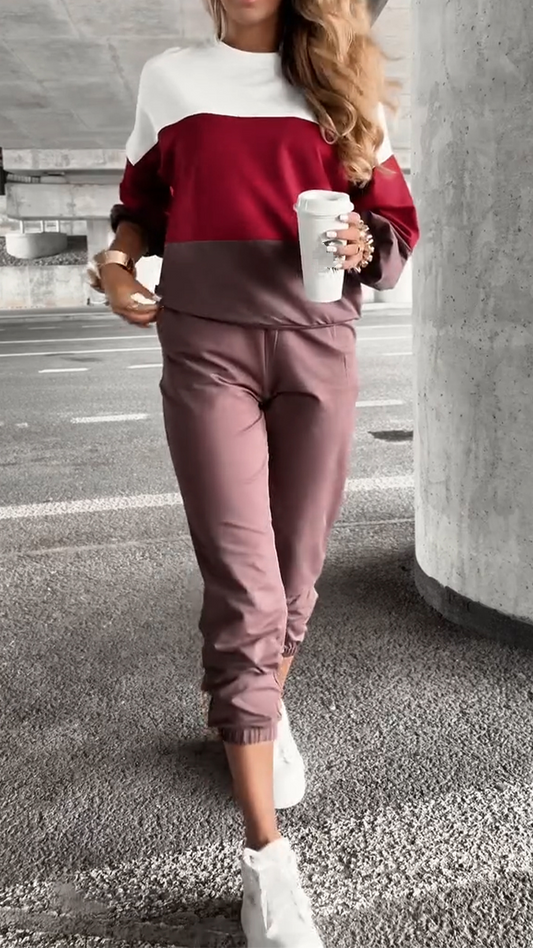 Women Round Neck Contrasting Top + Pants Casual Suit - MYSTERYBOXS