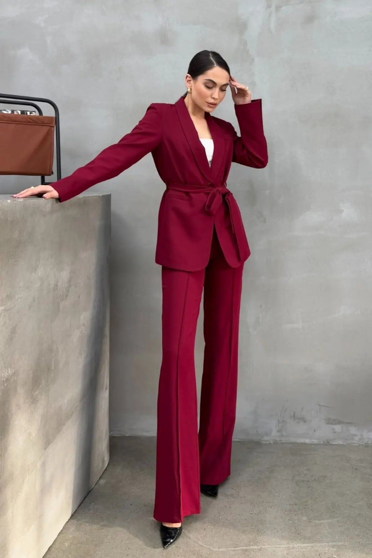 Ladies' Double Belted Blazer Jacket and Trouser Set - MYSTERYBOXS