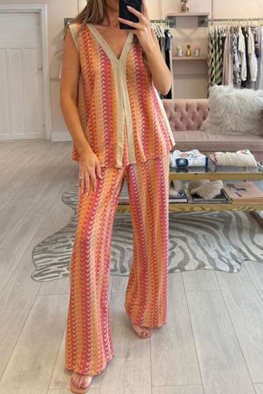Ladies' V-neck Vertical Print Multi-color Casual Set - MYSTERYBOXS