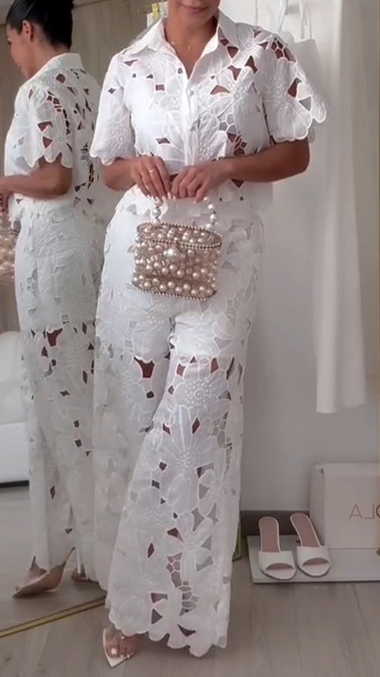 Elegant Two Piece Set with Openwork Lace and Lapel for Women – Casual Chic Style ✨ - MYSTERYBOXS