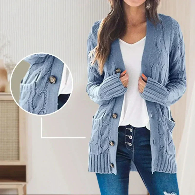 Women's Fall Casual Long Sleeve Button Down Open Front Cable Knit Cardigan