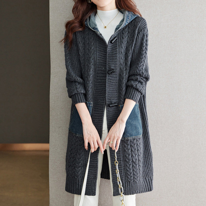 Button Detail Patchwork Knit Sweater Coat