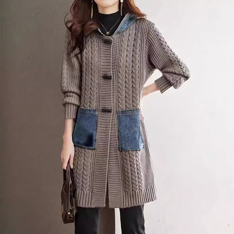 Button Detail Patchwork Knit Sweater Coat