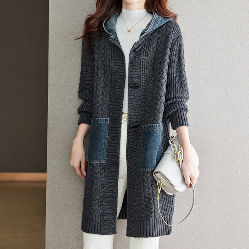 Button Detail Patchwork Knit Sweater Coat