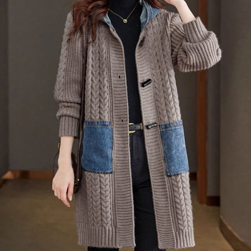 Button Detail Patchwork Knit Sweater Coat