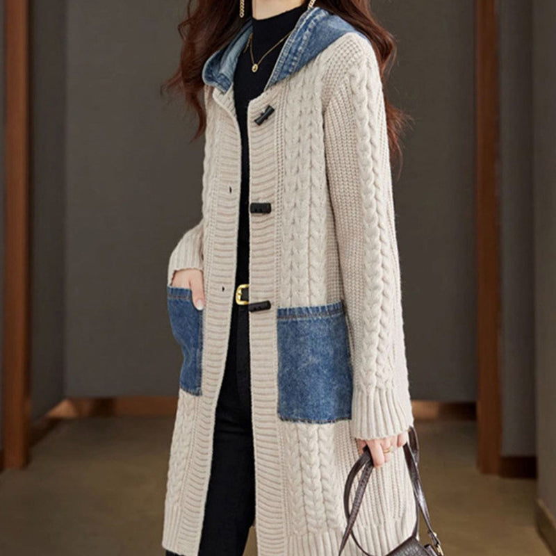 Button Detail Patchwork Knit Sweater Coat