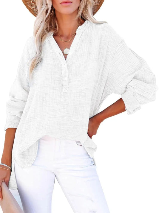 Womens Casual Button V Neck Long Sleeve Shirts Oversized Solid Blouses Tops