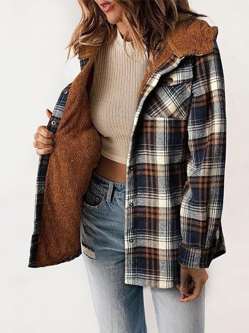 Women's Autumn/Winter Plaid Jacket Long Sleeve Buckle Hooded Jacket Warm Coat