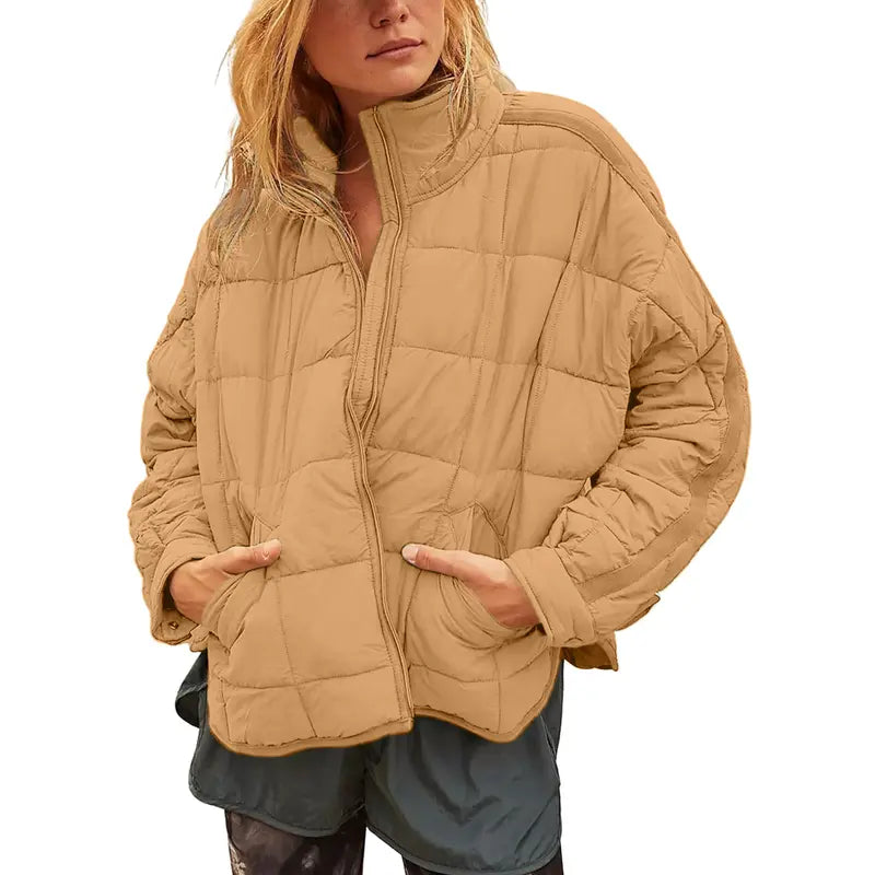 SCUSTY Women's Quilted Puffer Jacket Long Sleeve Zip Up Oversized Lightweight Padded Down Coat Outerwear