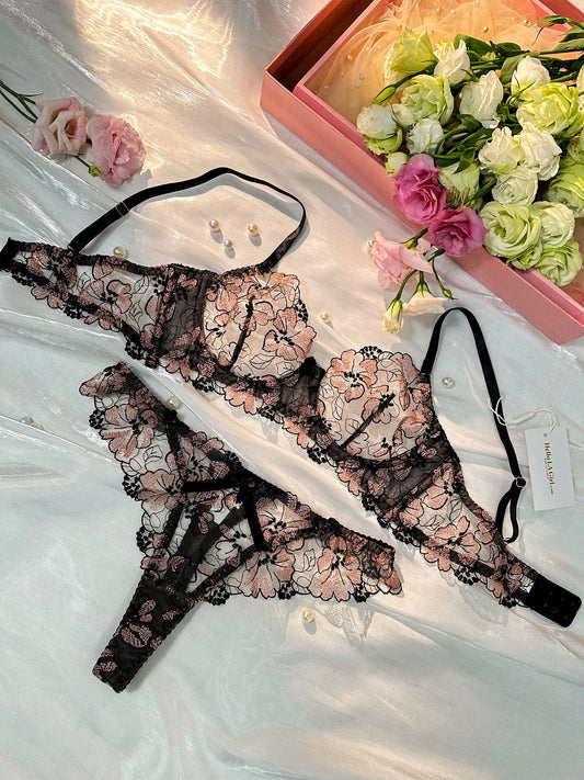 Black& Dustyrose Flutter Lace Lingerie Set - MYSTERYBOXS