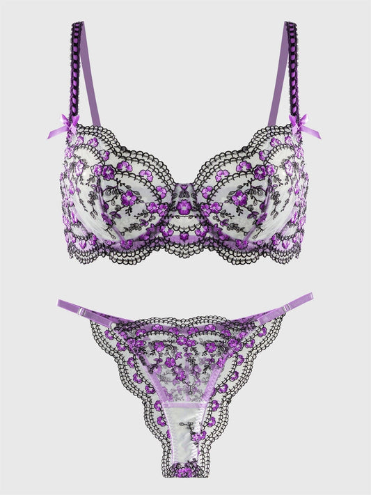Purple Blossom Delights Embroidery Lingerie Set - MYSTERYBOXS