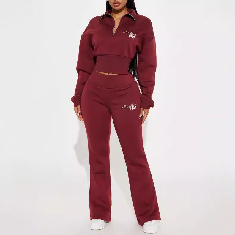 Autumn and winter new fashion suit loose waist short top, low waist mop long trousers, two -piece set - MYSTERYBOXS