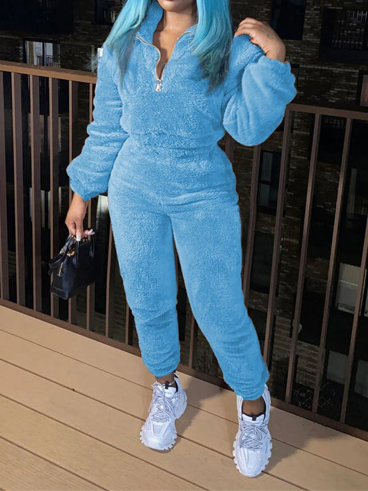 New women's pure color long -sleeved long pants autumn and winter plush casual fashion set - MYSTERYBOXS
