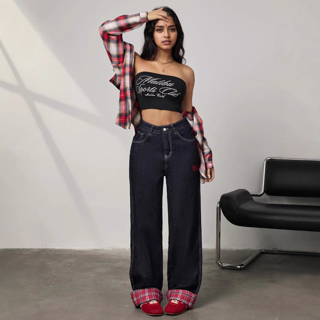 Panelled rolled-up plaid jeans - MYSTERYBOXS