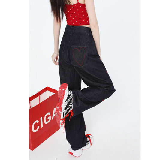 Heart embroidered jeans - MYSTERYBOXS