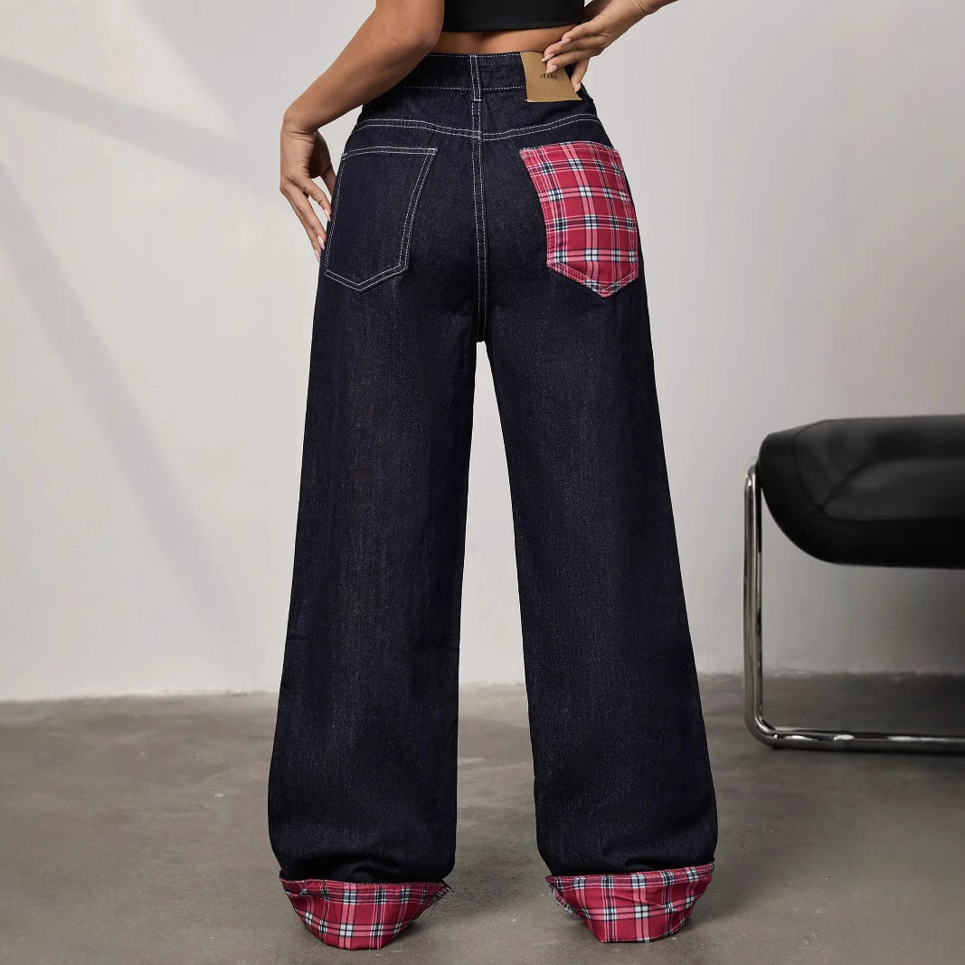 Panelled rolled-up plaid jeans - MYSTERYBOXS