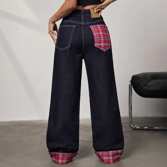 Panelled rolled-up plaid jeans - MYSTERYBOXS