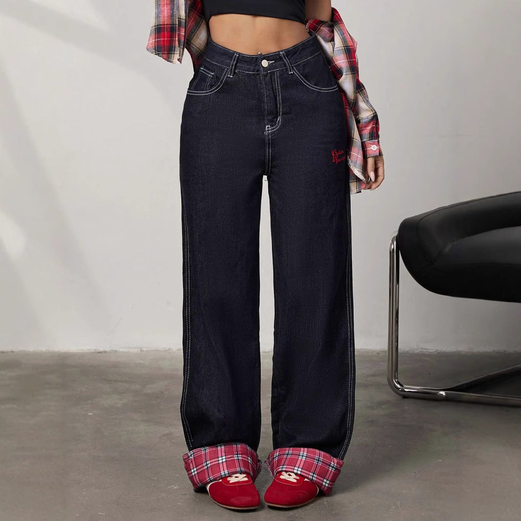 Panelled rolled-up plaid jeans - MYSTERYBOXS