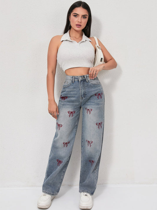Bow embroidered wide jeans - MYSTERYBOXS