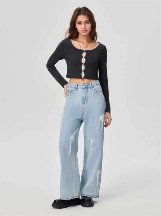 Denim trousers with 3D decoration - MYSTERYBOXS