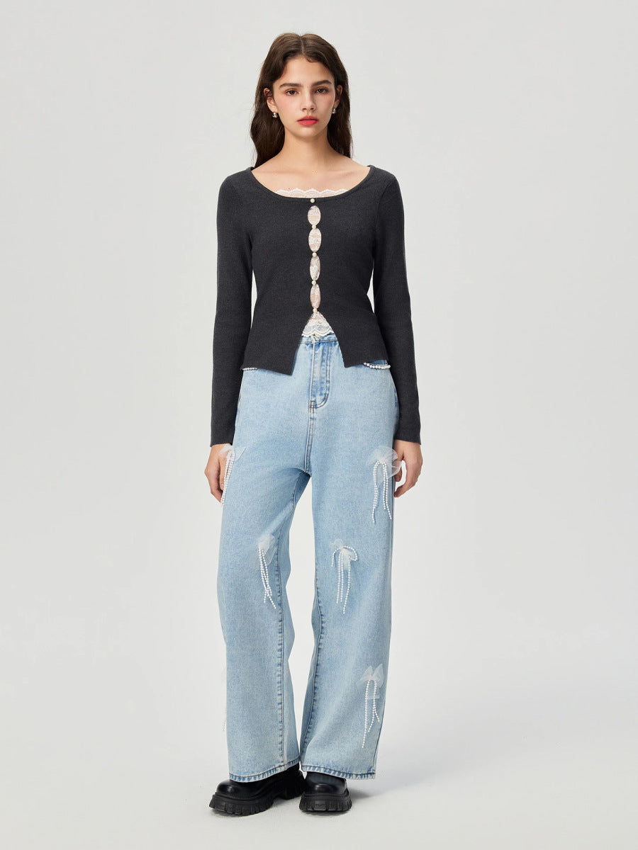 Denim trousers with 3D decoration - MYSTERYBOXS