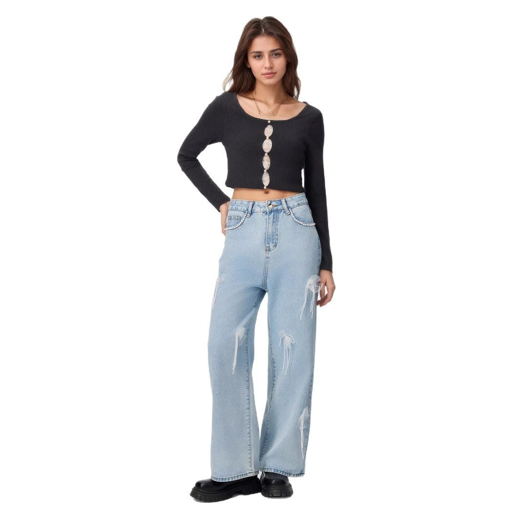 Denim trousers with 3D decoration - MYSTERYBOXS