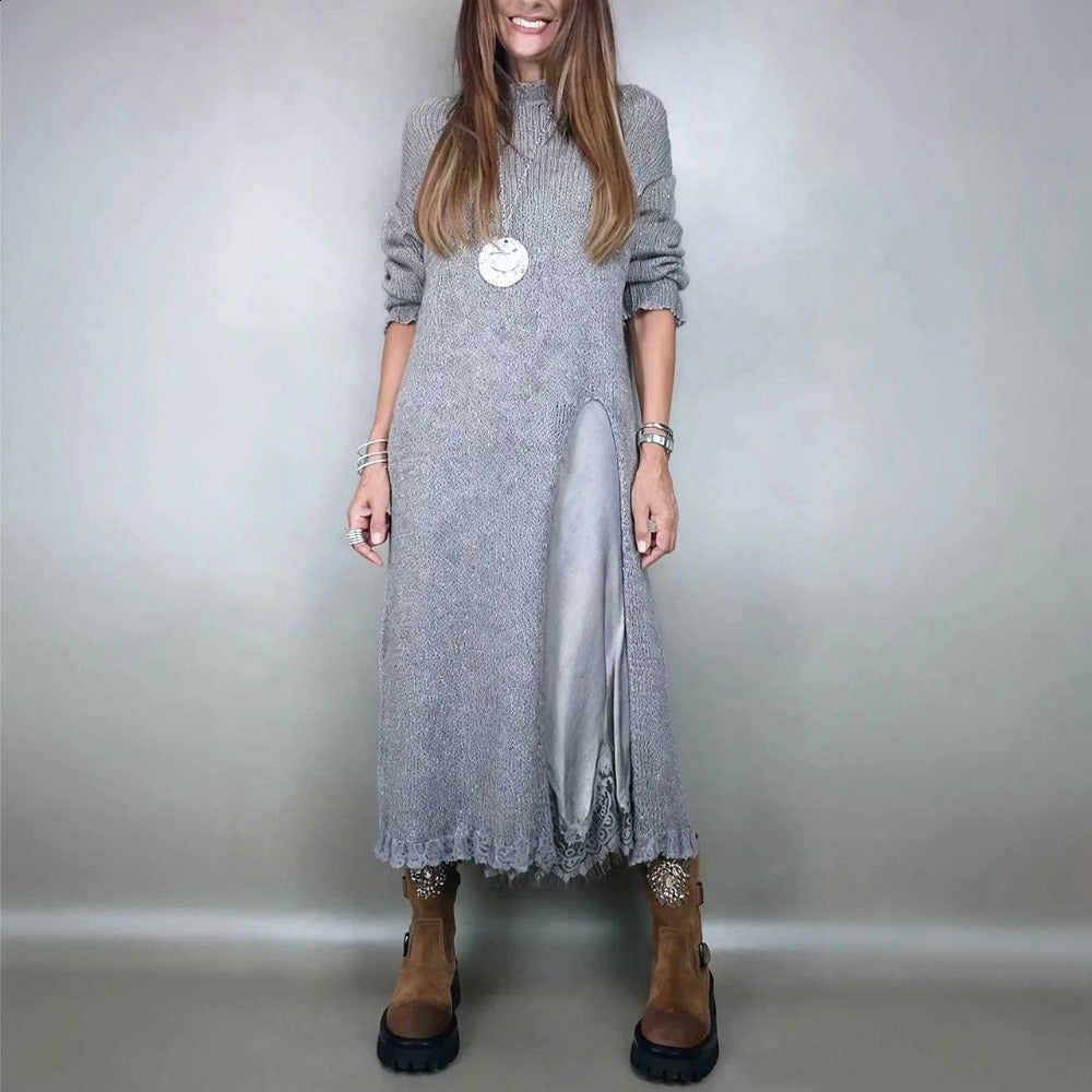 Solid color long-sleeved slit knit midi dress