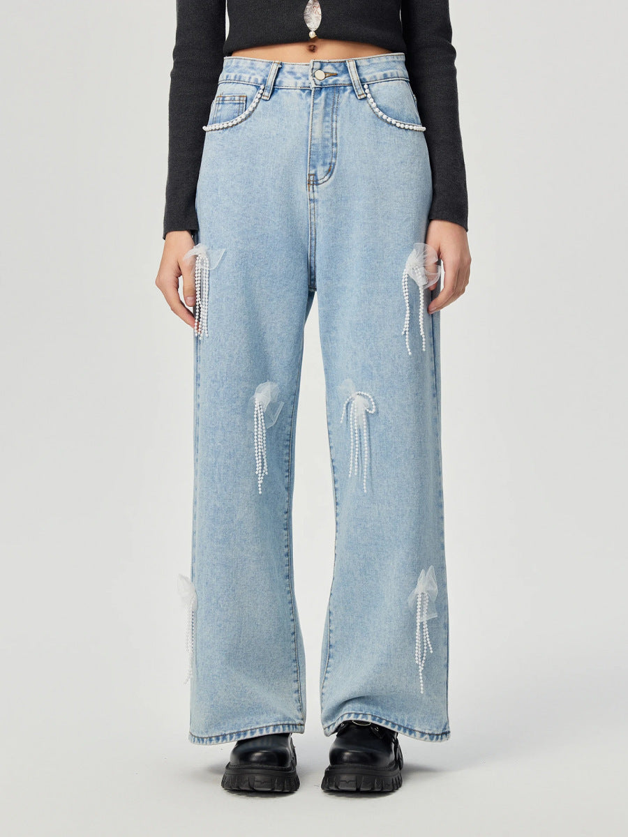 Denim trousers with 3D decoration - MYSTERYBOXS