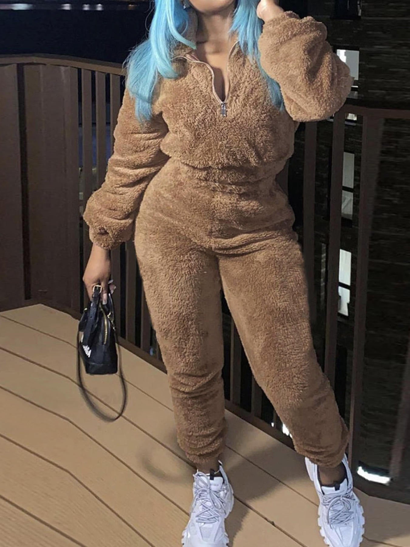 New women's pure color long -sleeved long pants autumn and winter plush casual fashion set - MYSTERYBOXS