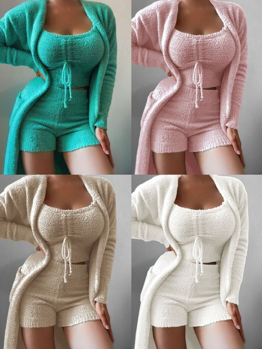 New women's plush lace -up fashion set three -piece suit - MYSTERYBOXS