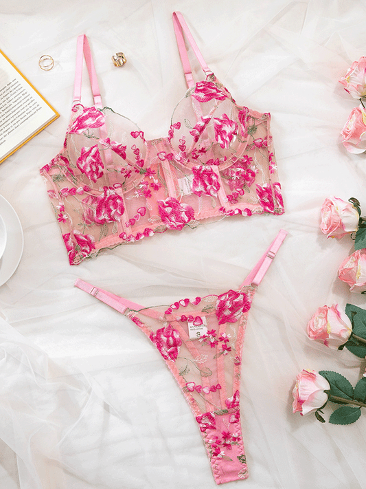 Pink Floral Sheer Lingerie Set - MYSTERYBOXS