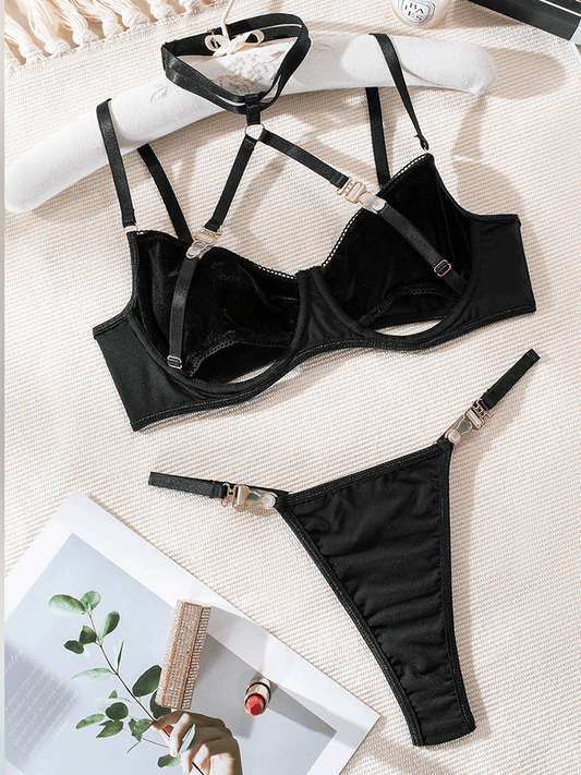 Solid Velvet Halter Lingerie Set - MYSTERYBOXS