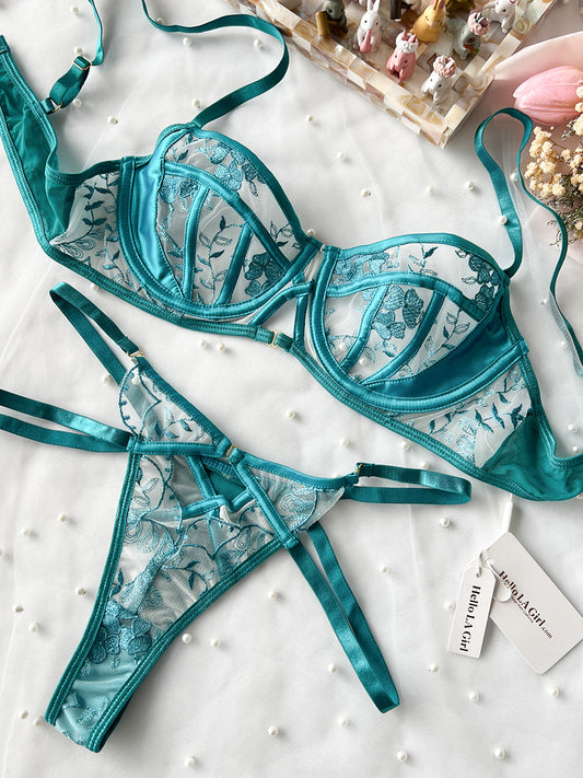 Turquoise Floral Embroidery Lingerie Set - MYSTERYBOXS
