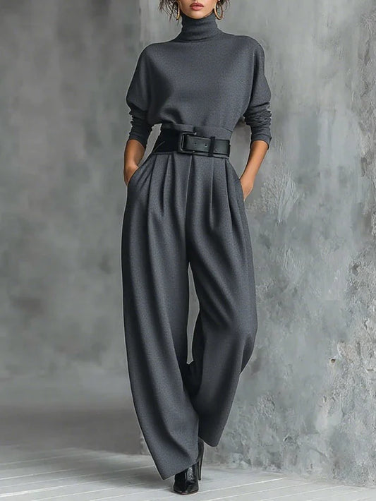 High-neck sweater and high-waisted straight-leg pants set - MYSTERYBOXS