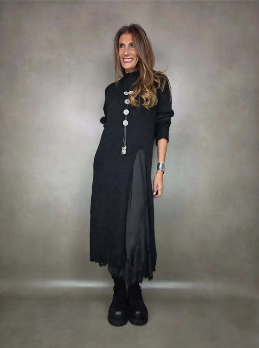 Solid color long-sleeved slit knit midi dress - MYSTERYBOXS