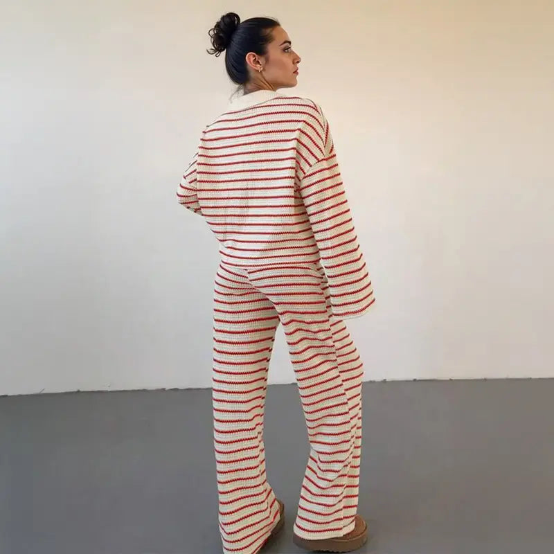 Colorblock striped V-neck loose two-piece set - MYSTERYBOXS
